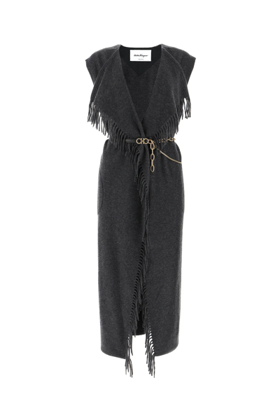 Shop Ferragamo Salvatore  Belted Fringed Knit Dress In Grey