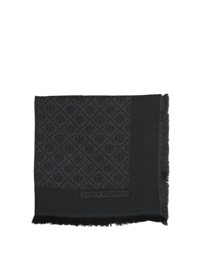 Shop Tory Burch T Monogram Fringed Edge Scarf In Black