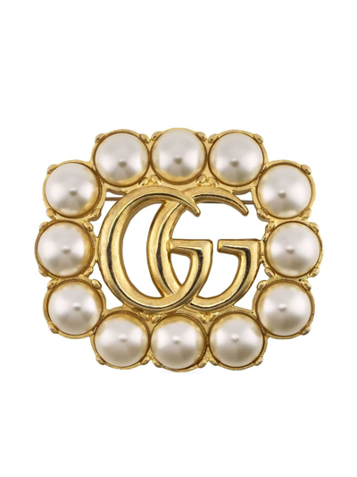 Shop Gucci Pearl Double G Brooch In Gold