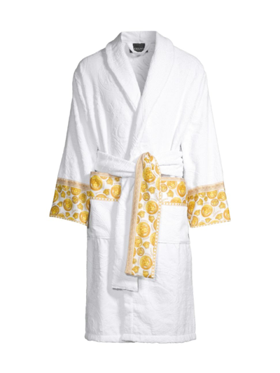 Shop Versace Men's Cotton Logo Bathrobe In White Gold