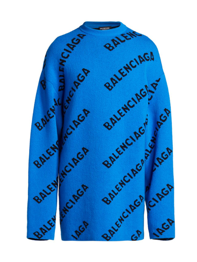 Shop Balenciaga Men's Logo Virgin Wool-blend Sweater In Blue Black