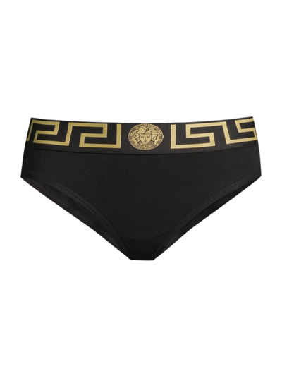 Versace Slip A Vita Alta Con Dettaglio Greca E Medusa In Cotone Stretch Nero Donna In Blue