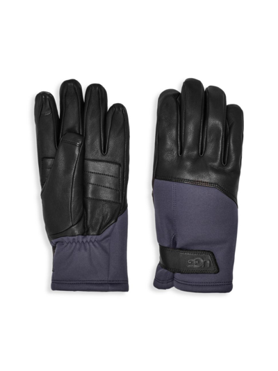 Shop Ugg Men's Leather Wrist Wrap Gloves In Navy