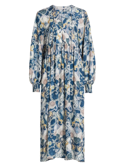 Shop See By Chloé Printed Lattice Midi Dress In Multi Color Blue