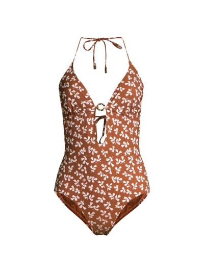 Shop Tory Burch Women's Printed Ring Halter One-piece Swimsuit In Rust