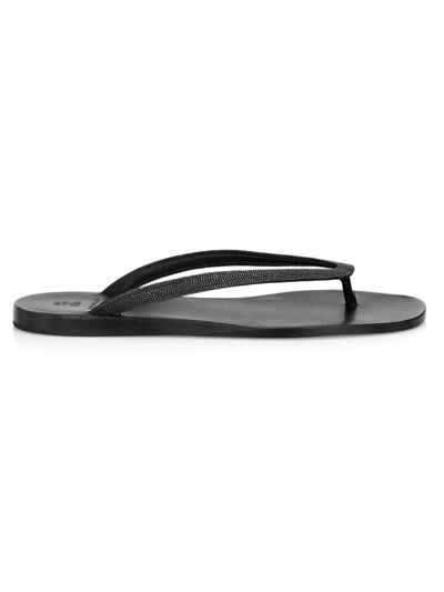 Shop Brunello Cucinelli Women's Bead-embellished Leather Thong Sandals In Black