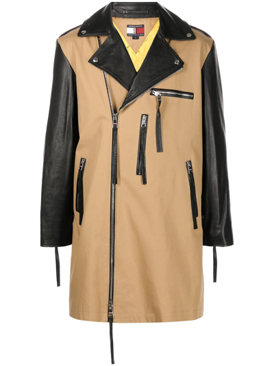Romeo Hunte Panelled Leather Trench Coat In Braun
