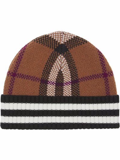 Shop Burberry Check-pattern Cashmere Beanie Hat In Brown