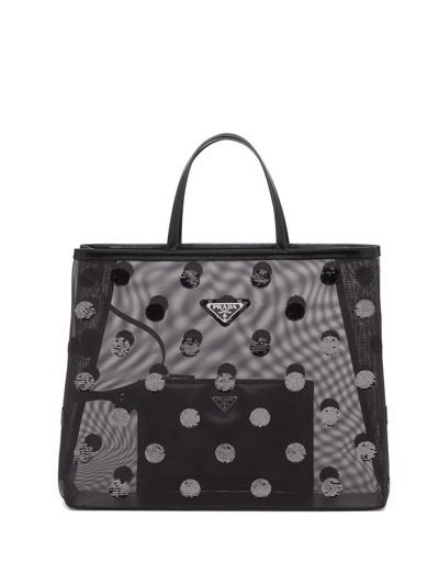 Shop Prada Sequin-embellished Polka-dot Mesh Shopper Bag In Schwarz