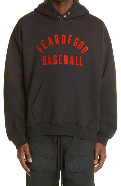 Shop Fear Of God Baseball Logo Cotton Hoodie In Vintage Black