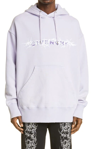 Shop Givenchy Raised Logo Barbed Wire Graphic Hoodie In Lilac