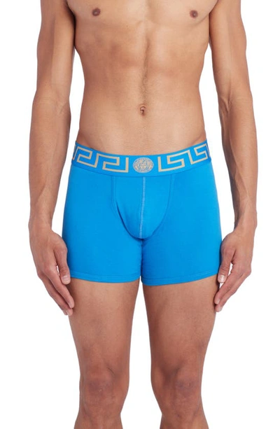 Shop Versace Long Stretch Cotton Trunks In Teal