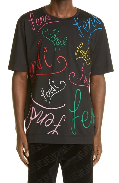 Shop Fendi X Noel Fielding Script Embroidered Cotton T-shirt In Black