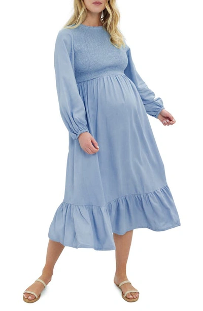 Shop Ingrid & Isabelr Smocked Long Sleeve Chambray Maternity Dress In Light Wash