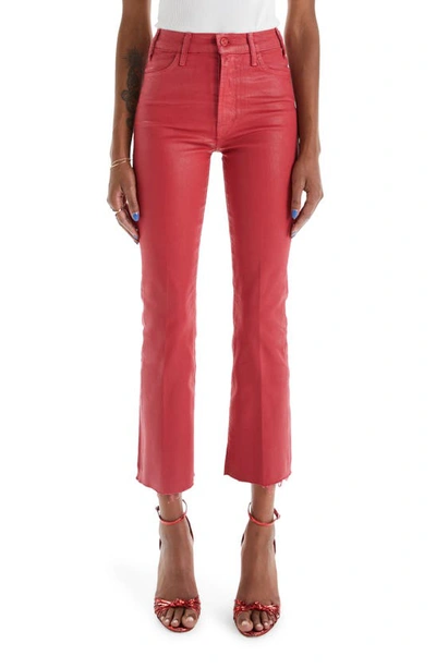 Shop Mother The Hustler High Waist Fray Hem Ankle Bootcut Jeans In New Years Red
