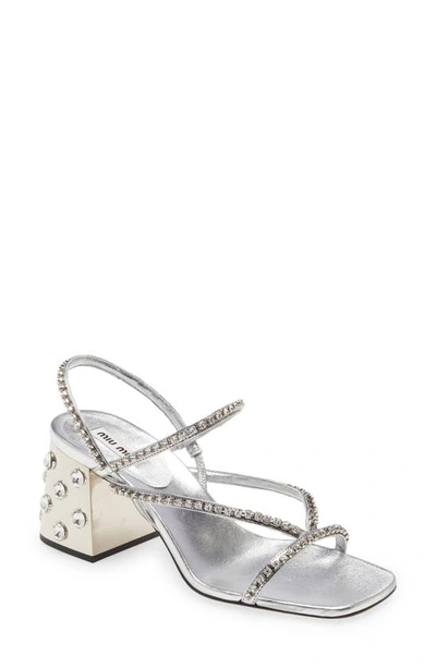 Miu Miu Crystal Embellished Block Heel Sandal In Argento | ModeSens