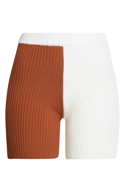 Shop Staud Colorblock Ribbed Bike Shorts In White/ Tan