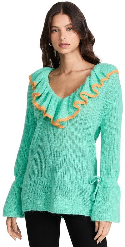 Shop Andersson Bell Fabiana Ruffle Deep V Neck Alpaca Sweater In Mint