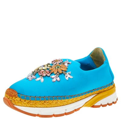 Pre-owned Dolce & Gabbana Blue Neoprene Barcelona Embellished Slip On Sneakers Size 38