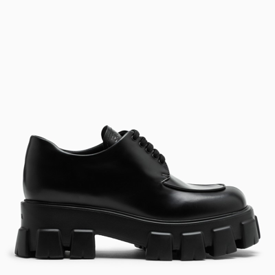 Shop Prada Black Brushed Leather Monolith Lace-up Shoes