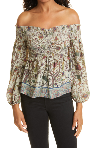 Shop Nicole Miller Mixed Print Off The Shoulder Georgette Blouse In Khaki Multi