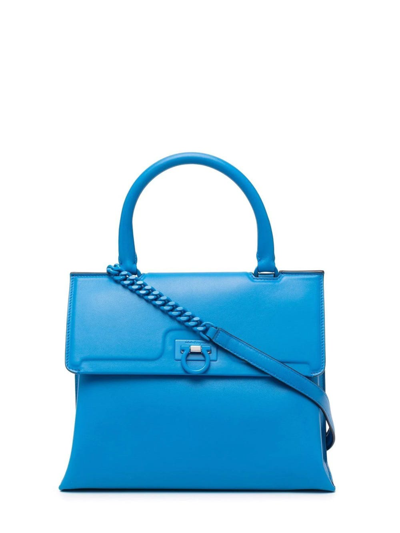 Shop Ferragamo Blue Small Trifolio Top-handle Bag