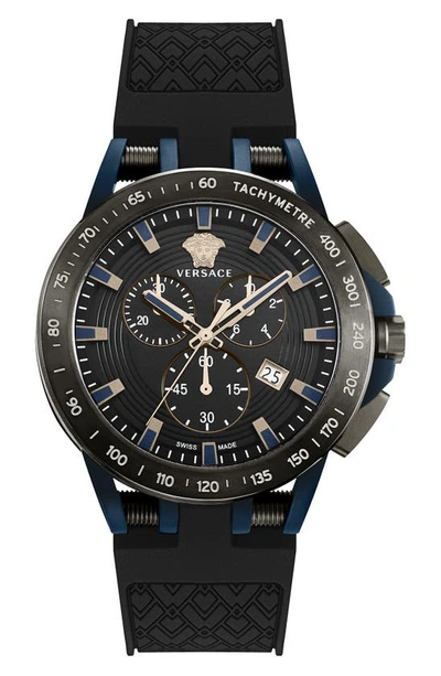 Shop Versace Sport Tech Chronograph Silicone Strap Watch, 45mm In Black/ Blue
