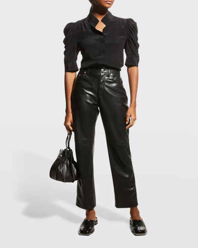 Shop Frame Gillian Silk Collared Puff-sleeve Top In Noir