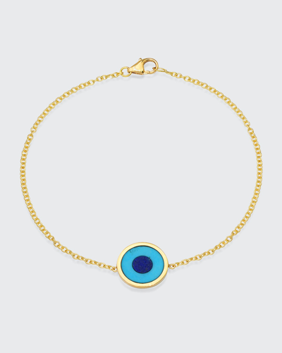 Shop Jennifer Meyer Mini Turquoise And Lapis Inlay Evil Eye Bracelet In 18k Yellow Gold In Yg