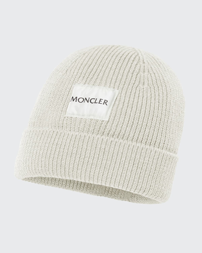 Shop Moncler Kid's Wool-blend Ribbed Knit Logo Beanie In White