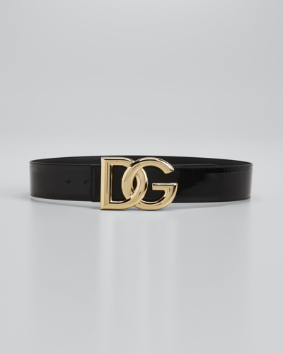 Shop Dolce & Gabbana Interlocking Dg Logo Patent Belt In 80999 Nero