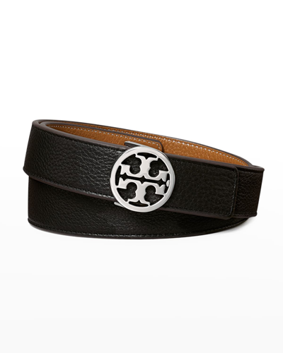 Shop Tory Burch Reversible 1" Logo-buckle Belt In Black/tan/silver