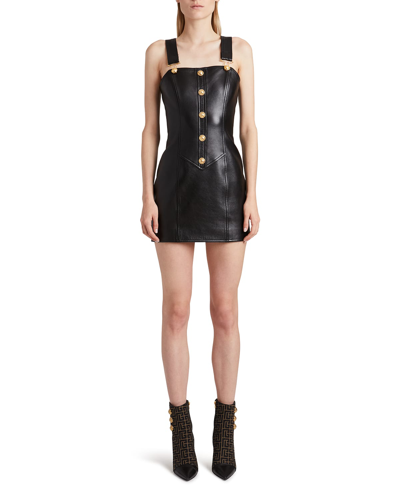 Shop Balmain Buttoned Leather Overall Mini Dress In Black