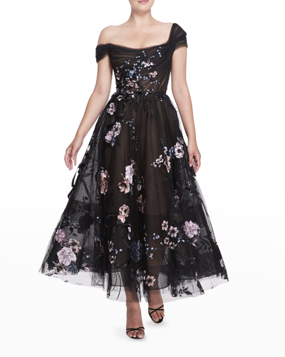 Shop Marchesa Floral-applique Tulle Tea-length Dress In Black