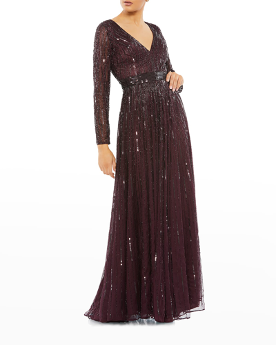 Shop Mac Duggal Vertical Sequin Long-sleeve V-neck Gown In Mulberry