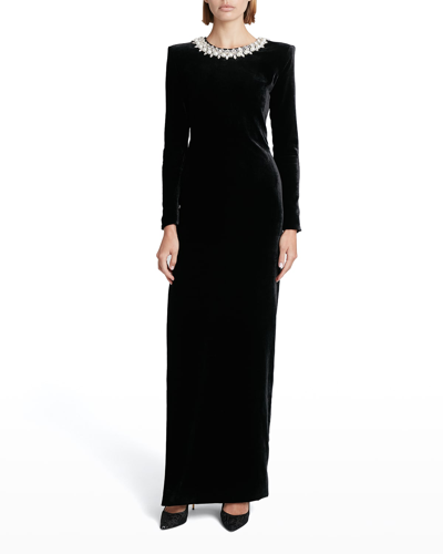 Shop Balmain Jewel Embellished Open-back Velvet Gown In Black/silver