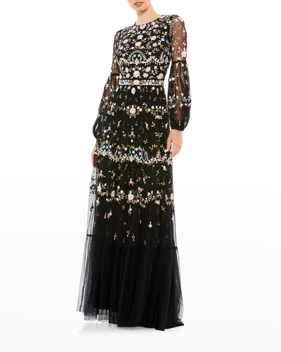 Shop Mac Duggal Floral-embroidered Puff-sleeve Gown In Black