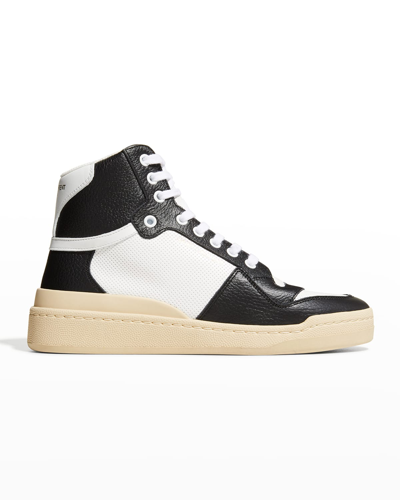 Shop Saint Laurent Sl24 Perforated Leather High-top Sneakers In Blanc Nero