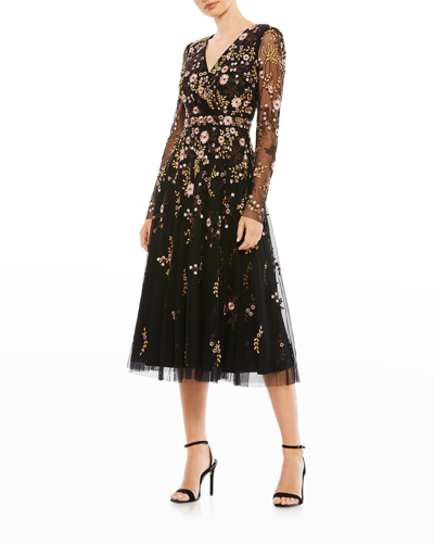 Shop Mac Duggal Floral-embroidered Long-sleeve Midi Dress In Black Multi