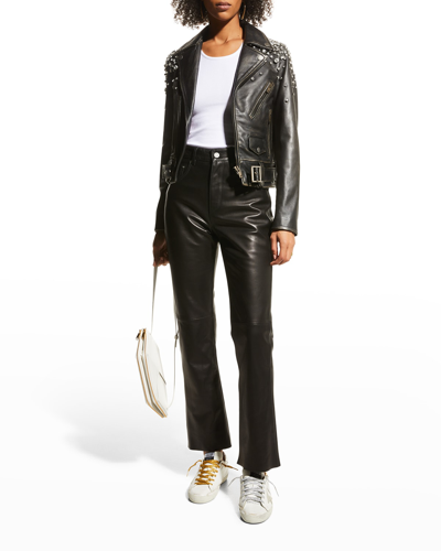 Shop Golden Goose Golden Distressed Leather Jacket With Crystals In Black