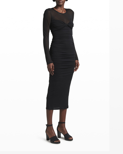 Shop Giorgio Armani Ruched Twist-bustier Midi Dress In Solid Black