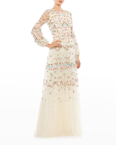Shop Mac Duggal Floral-embroidered Puff-sleeve Gown In Ivory