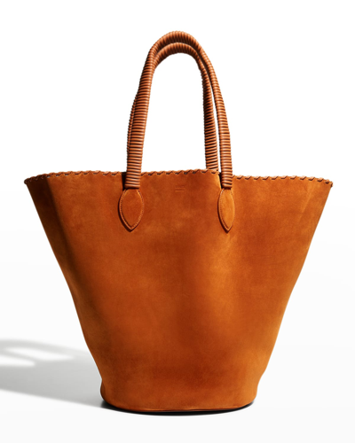 Shop Khaite Osa Whipstitch Suede Bucket Tote Bag In Caramel