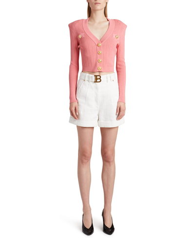 Shop Balmain Cropped Ribbed Button-front Cardigan In Salmon