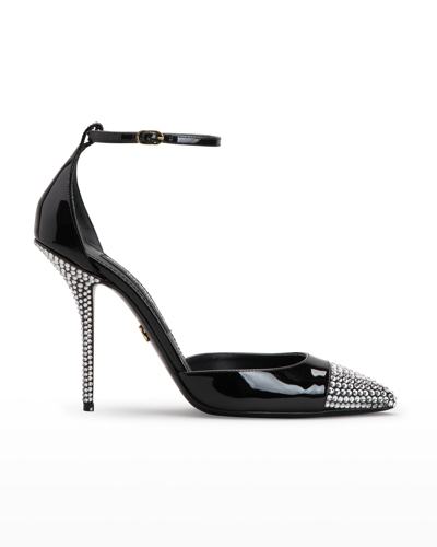 Shop Dolce & Gabbana Crystal Patent Leather Ankle-strap Pumps In Black Crystal