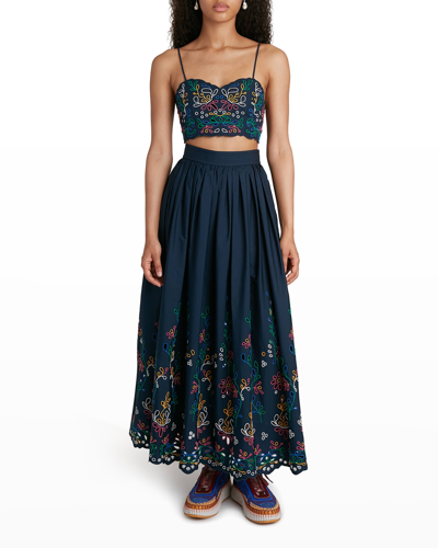 Shop Chloé Gathered Embroidered Scallop-hem Skirt In Multicolor Blue 1