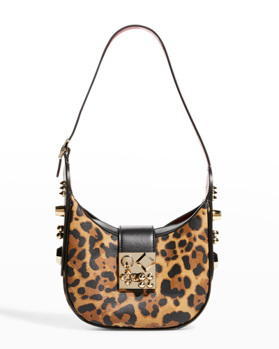 Shop Christian Louboutin Carasky Mini Leopard-print Studded Shoulder Bag In 3221 Brown Gold