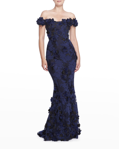Shop Marchesa Off-the-shoulder Lace Gown In Midnight
