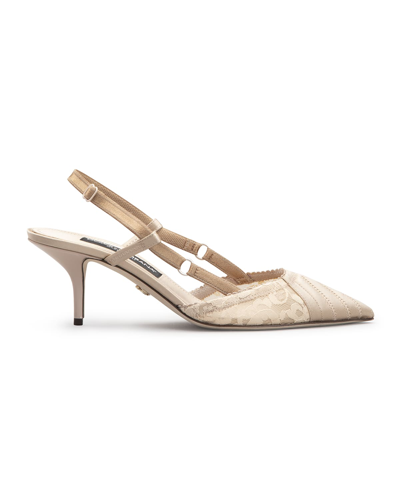 Shop Dolce & Gabbana Pointed Lace Satin Slingback Pumps In Nude