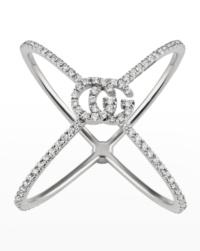 Shop Gucci 18k White Gold Gg Running X All-diamond Ring In Wg